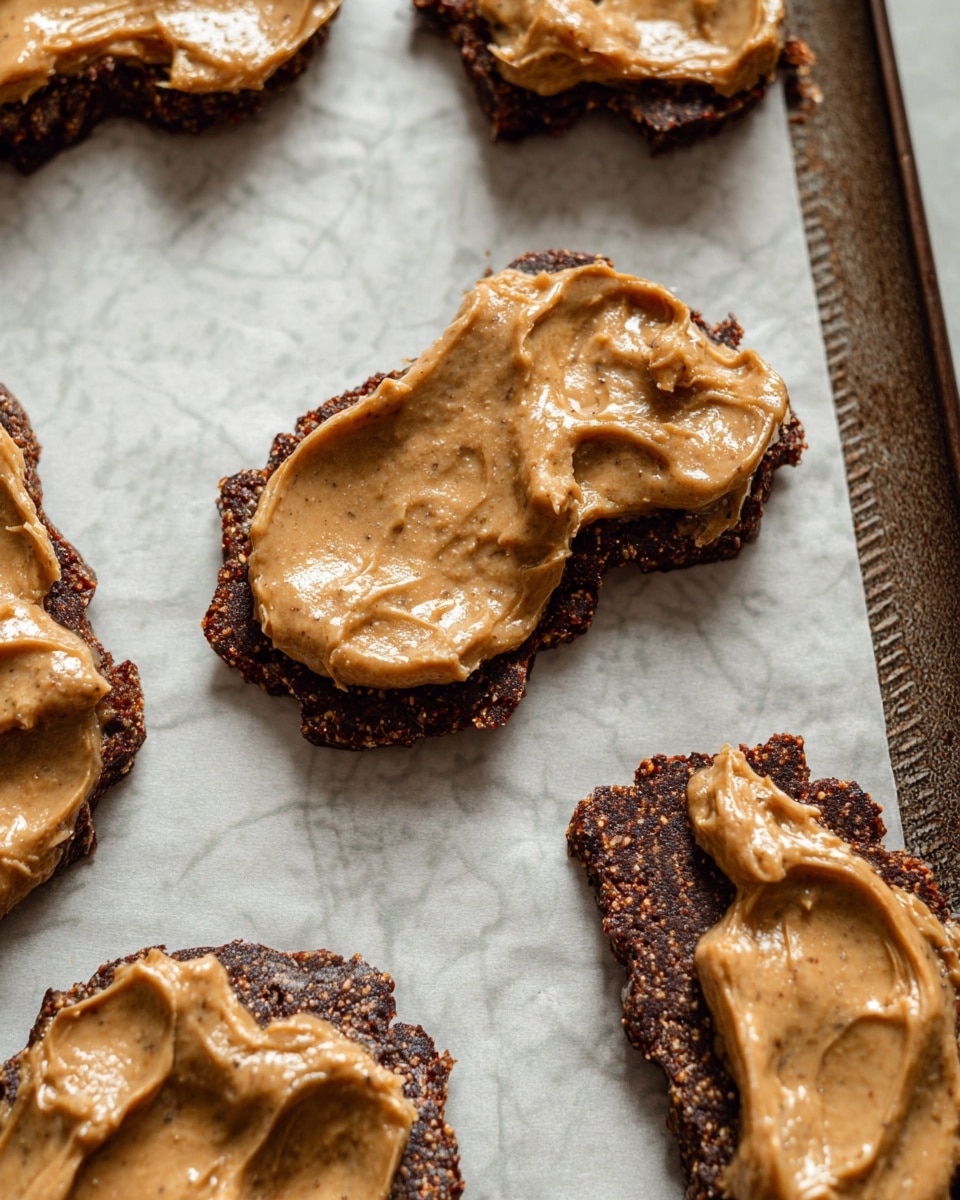 The image shows several small, irregular shaped dark brown pieces with a rough texture as the bottom layer, placed on white baking paper over a baking tray. Each piece is topped with a thick, uneven spread of light brown creamy spread that looks slightly chunky. The close-up shot captures the layered details of the dark base and glossy spread on top, against the white marbled textured surface. photo taken with an iphone --ar 4:5 --v 7