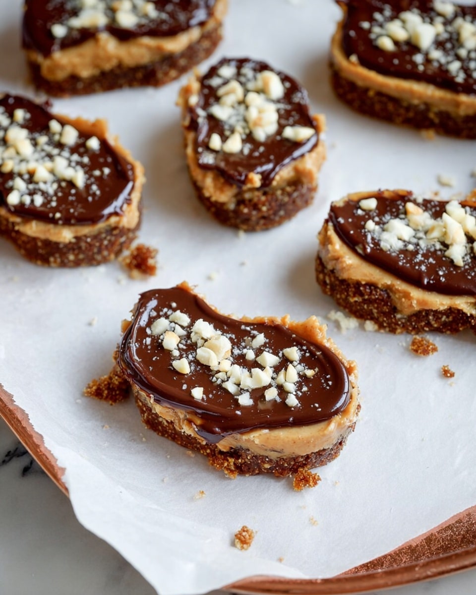 The image shows several small, oval-shaped treats on white parchment paper with a copper baking tray edge visible on the top left. Each treat has three layers: the bottom layer is a dark brown, textured base, the middle layer is a smooth light brown creamy spread, and the top layer is a glossy dark chocolate spread. Small pieces of chopped white nuts are sprinkled over the top chocolate layer. The treats appear evenly spaced with some crumbs scattered around, all set against a white marbled textured background. photo taken with an iphone --ar 4:5 --v 7