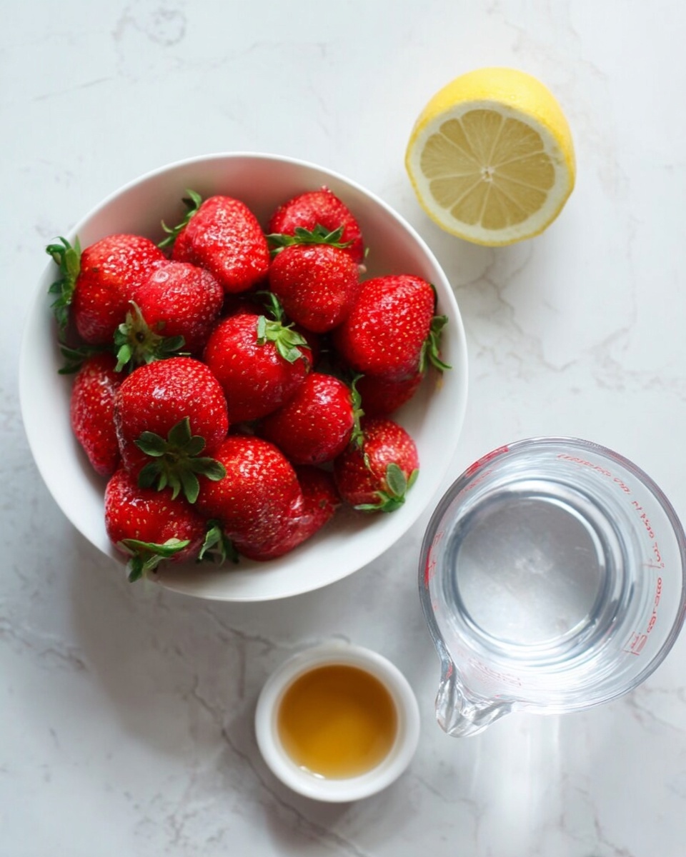 A white bowl filled with bright red strawberries, each strawberry smooth and shiny with green leaves on top, sits on a white marbled surface. To the right of the bowl, there is a clear glass measuring cup with water inside. Below the measuring cup is half a lemon with a light yellow color. At the bottom edge of the image, there is a small white container holding a small amount of golden liquid, likely honey or syrup. The scene is clean and simple, with the colors of the fruit and liquids standing out against the white marbled background. photo taken with an iphone --ar 4:5 --v 7