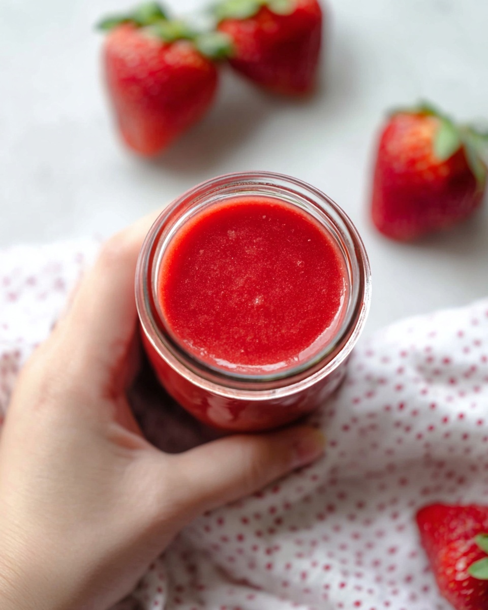 A close-up view of a woman's hand holding a small clear glass jar filled with a smooth, bright red strawberry puree. The puree has a slightly thick texture with tiny visible seeds. In the blurred white marbled background, there are four whole fresh strawberries with green leaves scattered around. Under the jar and hand, part of a white cloth with a subtle red dot pattern is visible. Photo taken with an iphone --ar 4:5 --v 7