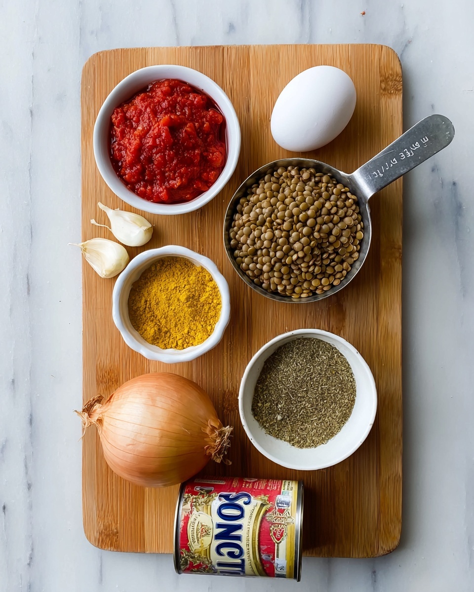 A wooden cutting board on a white marbled surface holds several ingredients neatly arranged: a white bowl filled with red tomato paste on the left, a whole white egg and a pile of raw brown lentils in a metal measuring cup at the top, two garlic cloves near the center, a whole brown onion below, a white bowl filled with yellow powdery spice to the right, a small white bowl with a green and brown spice mix, and a can of Unico lentils lying on its side next to the onion. The image is bright and clear, showing the textures and colors of each ingredient distinctly. photo taken with an iphone --ar 4:5 --v 7