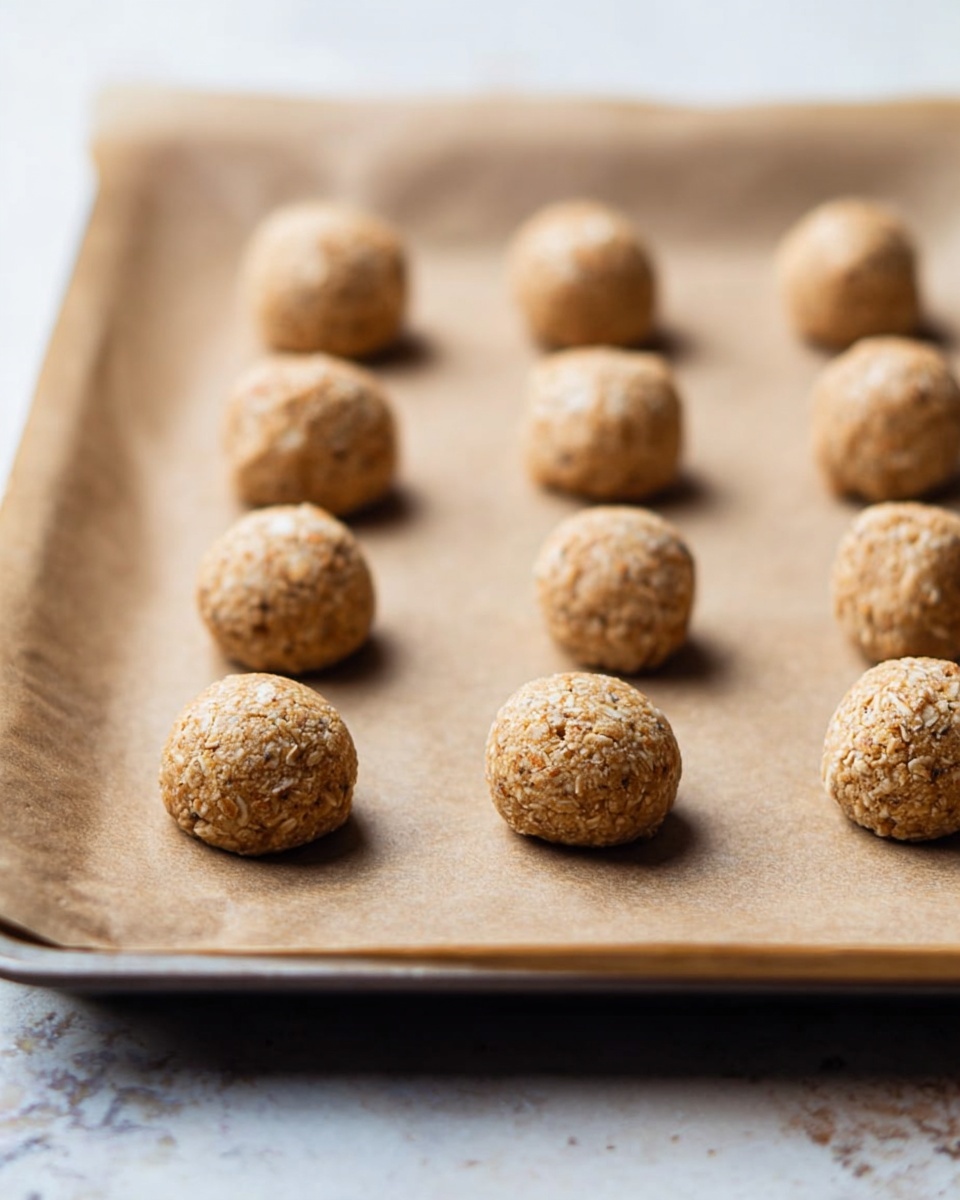 There are three rows of four round dough balls each arranged neatly on a baking tray lined with brown parchment paper. The dough balls are light brown with a slightly rough texture, showing small bits of oats or nuts within. The tray sits on a white marbled textured surface. The focus is on the front row of dough balls, while the back rows become softly blurred. photo taken with an iphone --ar 4:5 --v 7