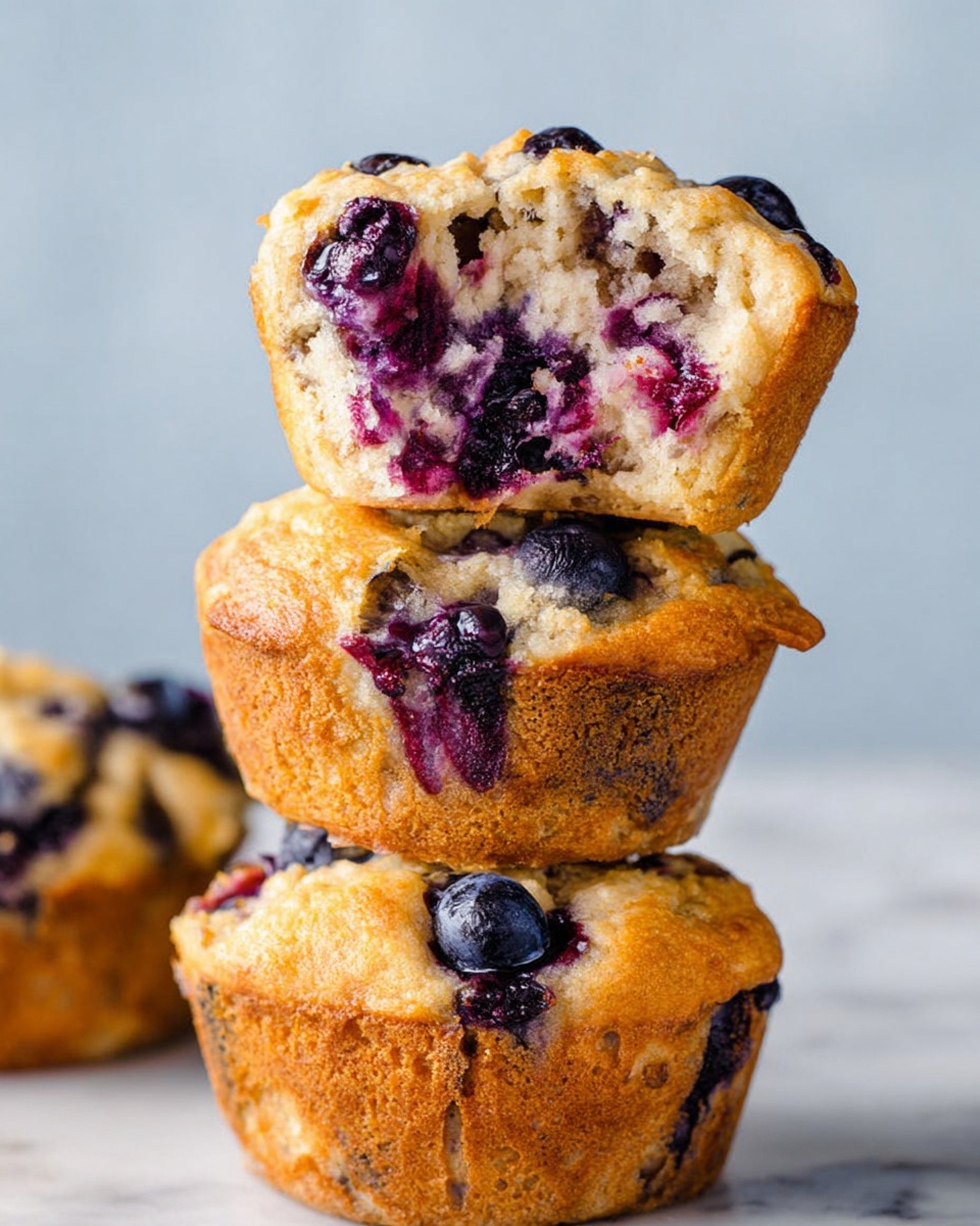 Three blueberry muffins are stacked on top of each other on a white marbled surface. The top muffin has a bite taken out showing a soft, crumbly light beige interior with juicy dark purple blueberries inside. The middle muffin shows wrinkled muffin paper with visible dark purple blueberry juice stains and whole blueberries embedded in the golden brown baked dough. The bottom muffin is mostly hidden but also shows some golden brown crust and blueberries on top. The background is a soft light blue color. photo taken with an iphone --ar 4:5 --v 7