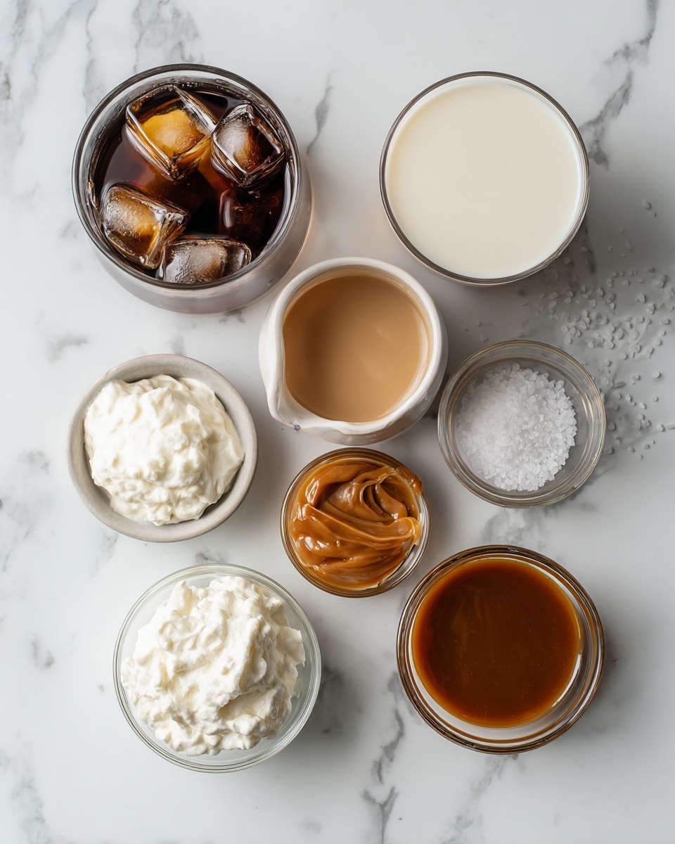 Top-down professional food photography, flat lay style, bright white marble countertop, neatly arranged, evenly spaced, tidy, clean organized layout, include: small glass cup of chilled brewed coffee with ice cubes, small glass cup of almond milk, small bowl of caramel sauce, small bowl of Maldon's sea salt, small bowl of whipped cream, small glass cup with caramel drizzle, bright soft natural lighting, sharp focus, high detail textures, realistic reflections, professional DSLR look, 4K, no finished dish, no cooked food, no hands, no text, no watermark, no brand logos --ar 4:5 --v 7