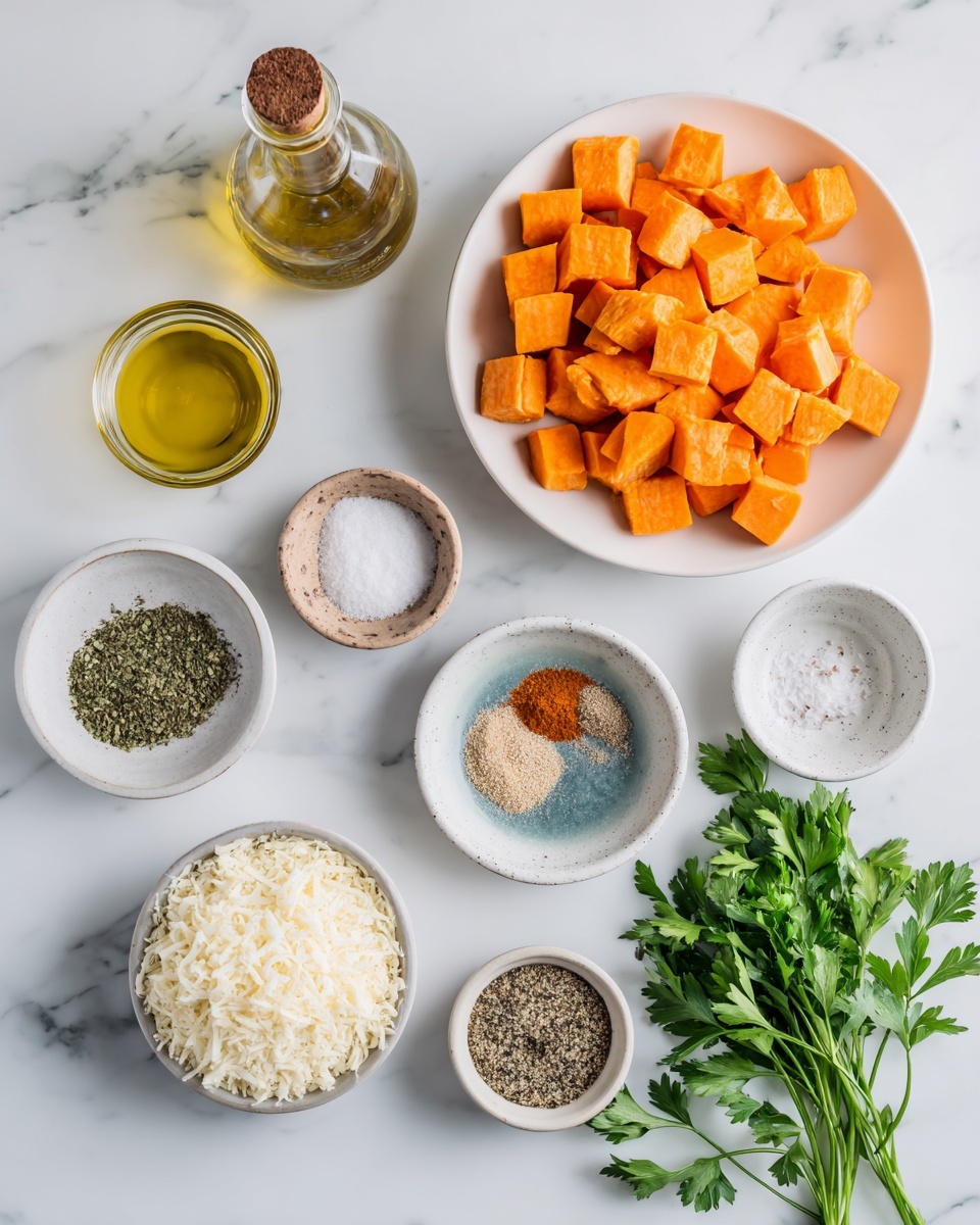 Top-down professional food photography flat lay style, bright white marble countertop, neatly arranged, evenly spaced, tidy, clean organized layout, include: bowl of peeled diced sweet potatoes, bottle of olive oil, small bowl of grated Parmesan cheese, small bowl of Italian seasoning, small bowl of garlic powder, small bowl of salt, small bowl of black pepper, small plate of fresh parsley for garnish, bright soft natural lighting, sharp focus, high detail textures, realistic reflections, professional DSLR look, 4K, no finished dish, no cooked food, no hands, no text, no watermark, no brand logos --ar 4:5 --v 7