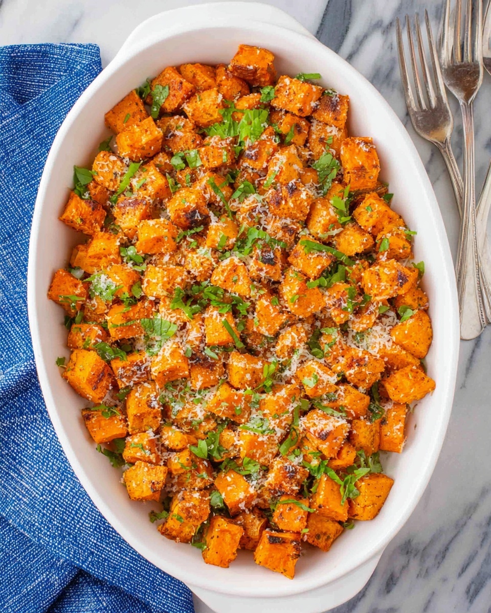 The image shows a white oval dish filled with small, evenly cubed roasted sweet potatoes. The cubes are golden-orange with some browned edges and are sprinkled generously with grated cheese and herbs. Bright green herb leaves are scattered on top, adding color contrast. The dish sits on a white marbled surface with a blue and white cloth nearby, and the setting includes a shiny spoon and fork on the upper right. photo taken with an iphone --ar 4:5 --v 7