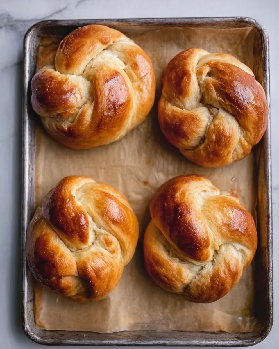 The image shows four golden-brown twisted rolls with a shiny crust, arranged on a metal baking sheet lined with slightly browned parchment paper. The rolls have a round shape with visible layers and folds that create a knotted appearance, each one slightly different in size and twist pattern. The baking sheet rests on a white marbled surface, highlighting the warm tones of the bread. The texture of the rolls looks soft inside but firm and baked on the outside. Photo taken with an iphone --ar 4:5 --v 7