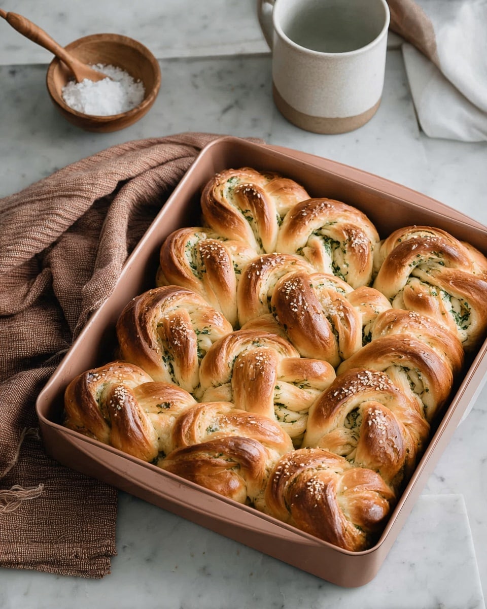 A baking tray filled with two rows of freshly baked golden brown twisted rolls with visible green herbs layered inside each twist. The rolls have a shiny, slightly crisp top and a soft spongy texture below with hints of white and green from the herbs. The tray is set on a white marbled counter with a brown textured cloth draped nearby. There is a small wooden bowl filled with salt and a white cup with a wooden handle placed on the counter beside the tray. The overall scene is warm and inviting with soft natural lighting. photo taken with an iphone --ar 4:5 --v 7