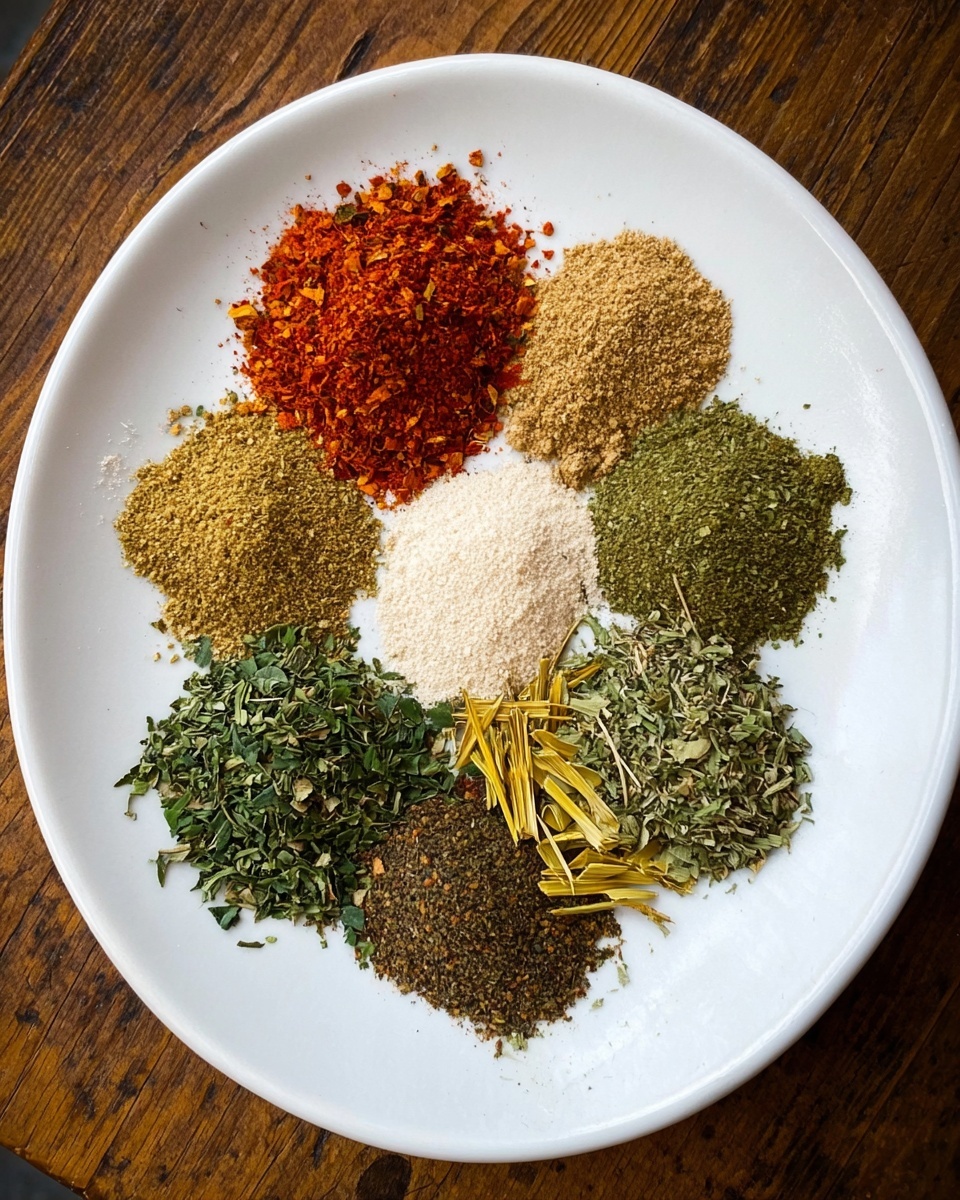 A white round plate sits on a wooden table, holding nine small piles of different spices arranged closely in a circular pattern. The top pile is bright red flakes, below it is a light brown powder, followed clockwise by green dried leaves, a tan powder, another green leafy pile with a few thin yellow sticks mixed in, a bright green herb pile, a mix of greenish dried herbs, a pale green finely ground spice, and a dark brown powder in the center. The textures vary from fine powders to leafy herbs and flakes. The scene is simple and focused on the colorful spices. Photo taken with an iphone --ar 4:5 --v 7
