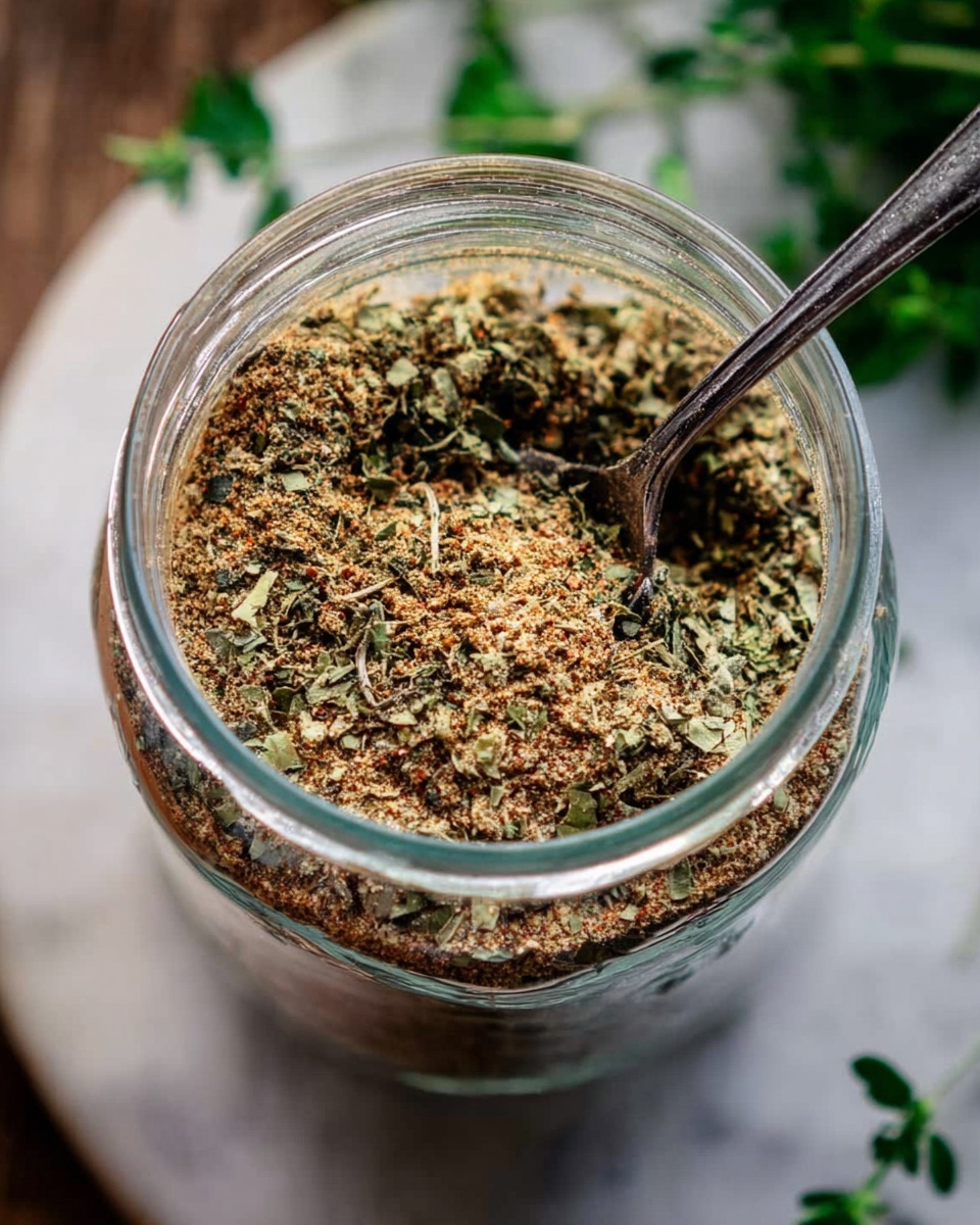 A close-up of a clear glass jar filled with a mixed dry spice blend, showing textures of small crushed herbs and fine powder in light brown, green, and hints of red. Inside the jar, a silver metal spoon rests partly buried in the spice mix. The jar sits on a white marbled surface, with some green herb leaves blurred in the background. The image has a natural, warm lighting, focusing on the jar's open top and the spoon inside. photo taken with an iphone --ar 4:5 --v 7