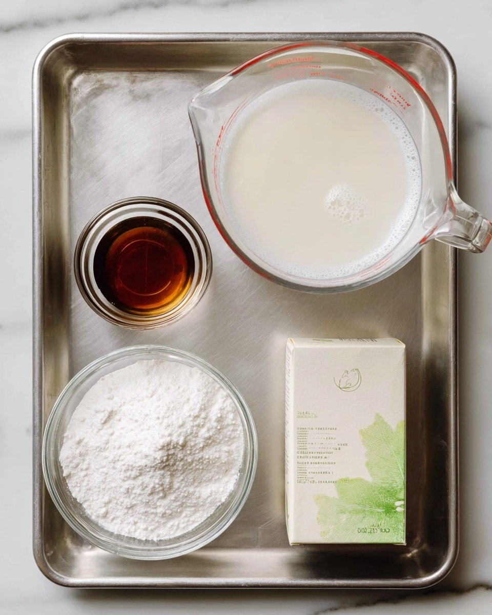 The image shows a metal tray on a white marbled surface holding four cooking ingredients. At the top right is a clear glass measuring cup filled with foamy white liquid. Below it, on the bottom right of the tray, is a small white box with a green leaf illustration and cream-colored design. To the left of the box is a clear glass bowl filled with white powdered substance. At the top left corner of the tray, there is a small clear glass bowl containing a small amount of dark brown liquid. photo taken with an iphone --ar 4:5 --v 7