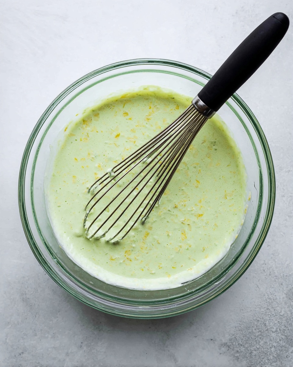 A clear glass bowl filled with a light green, creamy mixture that has small yellow and white bits mixed throughout, giving the texture a slightly chunky look. A black-handled whisk is resting inside the bowl, partly submerged in the mixture, with thin metal wires evenly spread out. The bowl sits on a white marbled surface, viewed from above. photo taken with an iphone --ar 4:5 --v 7