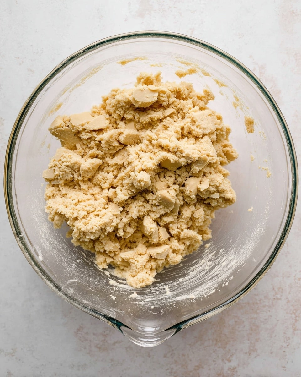 Inside a clear glass bowl, there is a thick mixture of dough that is light beige in color and crumbly in texture. The dough forms uneven small chunks of various sizes clustered mostly in the center of the bowl, with some bits sticking lightly to the sides. The bowl sits on a white marbled surface, showing slight reflections. The clear glass has a handle visible at the bottom of the image. photo taken with an iphone --ar 4:5 --v 7