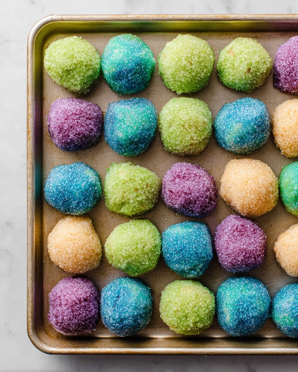 A baking tray holds 20 sugar-coated dough balls arranged neatly in a 4x5 grid. The dough balls are covered in sparkling sugar crystals in four colors: green, blue, purple, and pale orange. Each sugar crust has a coarse texture, giving the dough balls a crunchy look. The tray is placed on a white marbled surface, adding a clean and soft background to the bright colors of the dough balls. photo taken with an iphone --ar 4:5 --v 7