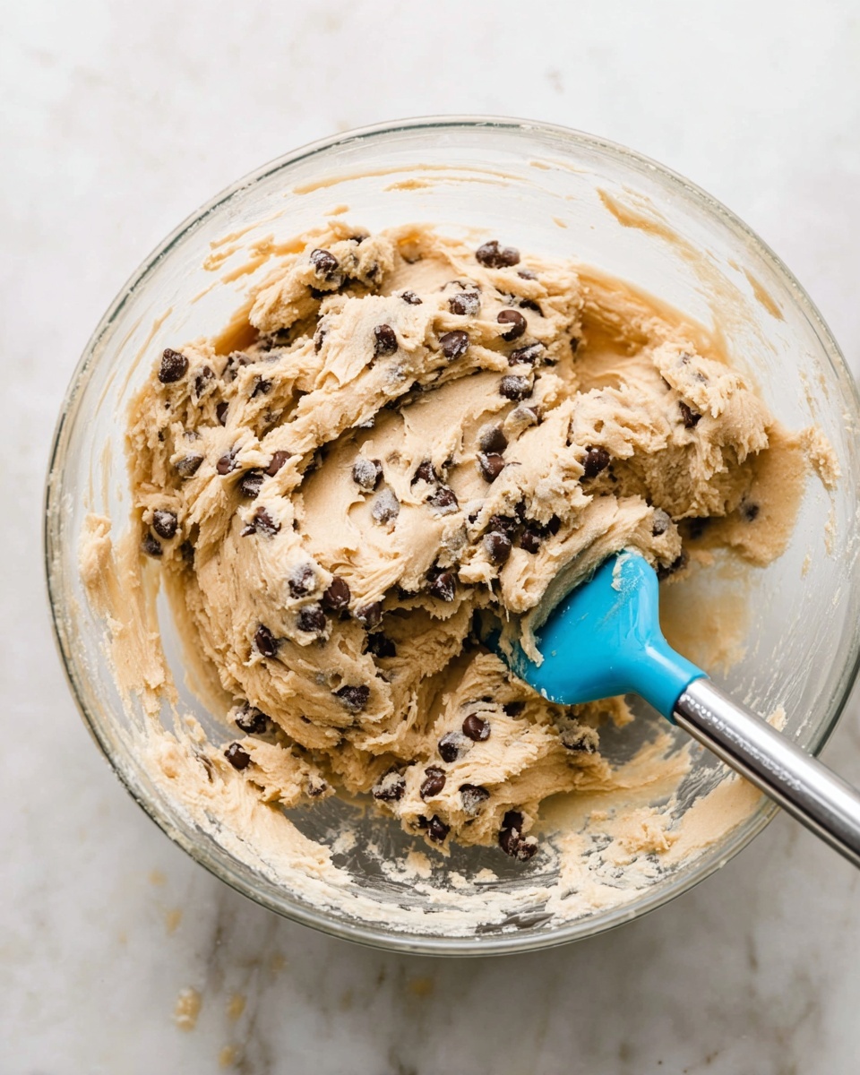 A clear glass bowl filled with light tan cookie dough mixed with dark brown chocolate chips, showing a thick and slightly creamy texture with some rough and smooth patches. A blue silicone spatula with a silver handle is partially dipped in the dough on the right side of the bowl, and the bowl is placed on a white marbled surface. The dough sticks to the sides of the bowl, showing signs of being freshly mixed, photo taken with an iphone --ar 4:5 --v 7