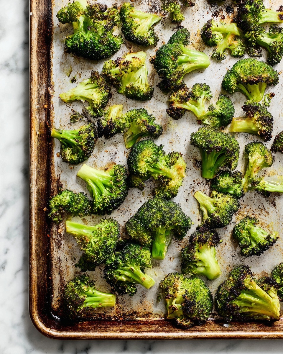 The image shows a single layer of roasted broccoli florets spread out on a well-used metal baking tray with browned and slightly crispy edges. The broccoli pieces are bright green with darker, charred spots giving a textured appearance. The tray has scratches and dark baked-on marks that contrast with the vibrant green of the broccoli. The whole scene is set on a white marbled surface. Photo taken with an iphone --ar 4:5 --v 7