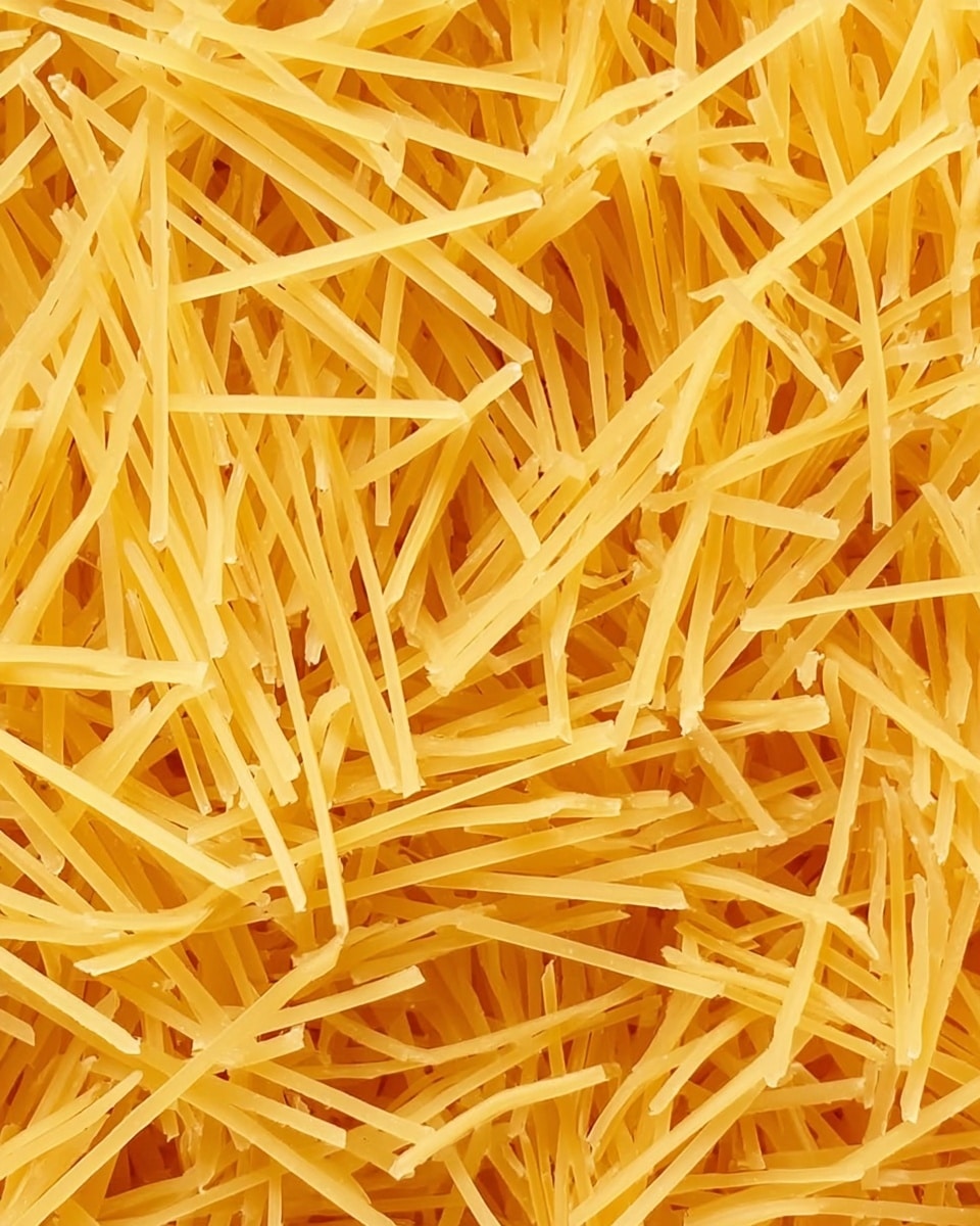 This image shows many small, thin, yellow pasta sticks spread out evenly, with a smooth and dry texture. They all have a uniform length and thickness, forming a tight, slightly messy pile, with light shadows creating depth. The background is a white marbled texture. photo taken with an iphone --ar 4:5 --v 7