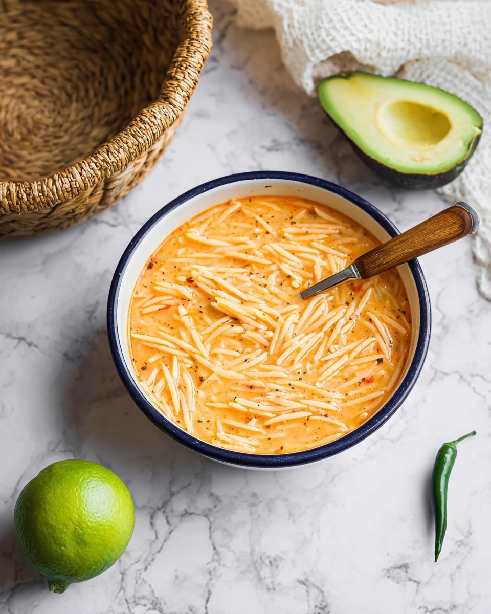 A white bowl with a dark blue rim is filled with thin, short pasta pieces in a light orange broth, showing a smooth, slightly oily surface with some small black specks. A spoon with a wooden handle is placed inside the bowl, its tip touching the pasta. Around the bowl, there is a halved lime with bright green skin and pale green inside on the right side, and a half avocado with dark green skin and light green flesh with the seed still inside is positioned behind the bowl on a white marbled surface. A woven basket with a white cloth draped over it is seen at the top right, and a small green chili lies near the avocado. photo taken with an iphone --ar 4:5 --v 7