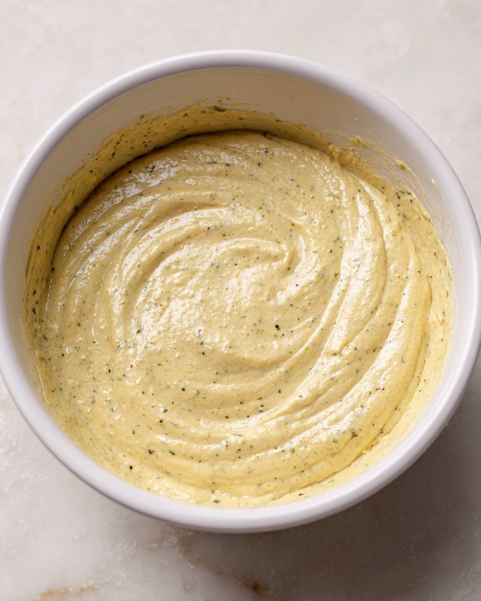 A close-up view of a creamy, pale yellow batter with tiny dark and green specks mixed evenly throughout, sitting inside a white bowl. The batter has a smooth but slightly thick texture with soft swirls and trails on its surface as if just stirred. The bowl is set on a white marbled surface, visible around its edges, showing a calm and clean setting. photo taken with an iphone --ar 4:5 --v 7