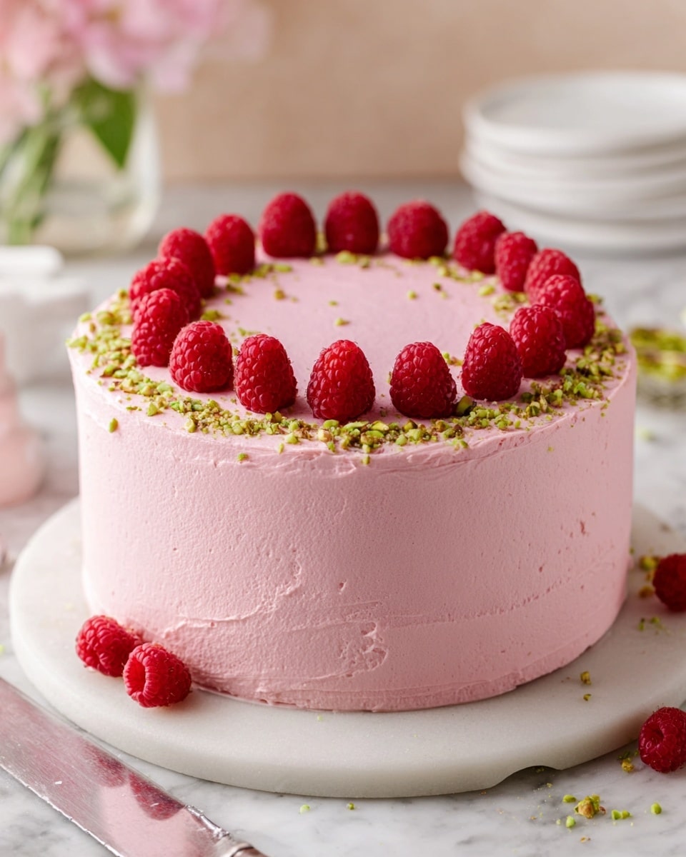 A round cake with smooth, light pink frosting covers all sides evenly. On top, the cake has a single flat layer of pink frosting, decorated with a circle of fresh red raspberries spaced out near the edge. Between the raspberries, small green chopped nuts add texture and color contrast. The cake sits on a white marble round board on a white marbled surface. Around the base, a few more green nut pieces and red raspberries are scattered lightly. The image shows part of a knife with some pink frosting on the blade in the front left corner. In the blurry background, there are soft pink flowers and some white dishes. Photo taken with an iphone --ar 4:5 --v 7