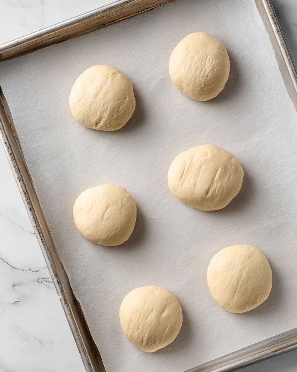The image shows a metal baking tray lined with white parchment paper, holding six round dough balls spaced apart. The dough balls are pale beige with a smooth, slightly shiny surface and soft texture. The background is a white marbled texture, and the photo has a clean, bright look from above. photo taken with an iphone --ar 4:5 --v 7