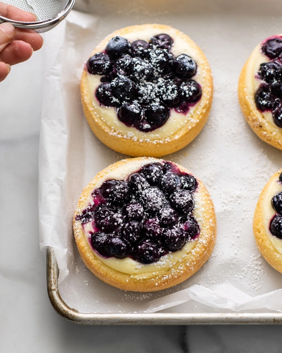 The image shows three round pastries on white parchment paper inside a metal tray, placed on a white marbled surface. Each pastry has a golden-brown crust forming the bottom layer, topped with a creamy light yellow layer that looks smooth and soft. On top of the cream layer, there are many plump dark purple blueberries, some bursting and slightly juicy, spreading a bit of deep purple juice around the edges. A light dusting of white powdered sugar is sprinkled over the blueberries and crust, adding a delicate touch. Part of a woman’s hand holding a metal sieve is visible near the upper left corner. photo taken with an iphone --ar 4:5 --v 7