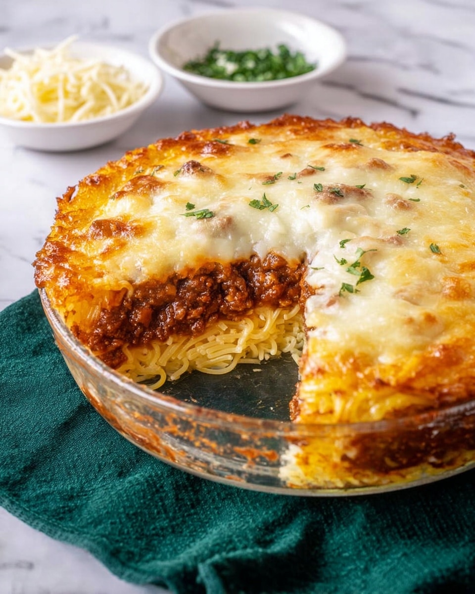 The image shows a round clear glass dish with a thick layered baked pasta. The bottom layer is yellow pasta, firm and packed tightly. Above it is a light grainy layer of white cheese mixed with bits of pasta. On top of that, there is a thick, dark brown meat sauce layer with some texture. The top layer is melted golden brown cheese, slightly bubbly and browned in spots. A slice is missing, revealing the layers clearly inside. The dish sits on a white marbled surface with a dark green cloth underneath. In the background, two small white bowls hold shredded cheese and chopped green herbs. Photo taken with an iphone --ar 4:5 --v 7