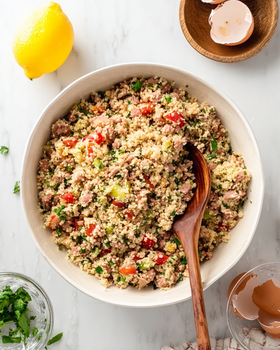 A large white bowl filled with a mixture of light beige grains or couscous, small pieces of pinkish meat, bright red chopped tomatoes, and green herbs, all mixed together showing a textured and colorful blend. A wooden spoon with a smooth brown handle is resting inside the bowl, partially covered by the mixture. The bowl sits on a white marbled surface with a whole yellow lemon to the left, a small round wooden bowl above, a small clear glass container with broken brown eggshells to the right, and some green herb leaves visible at the bottom left corner. The scene is bright and clean, emphasizing the fresh ingredients. photo taken with an iphone --ar 4:5 --v 7