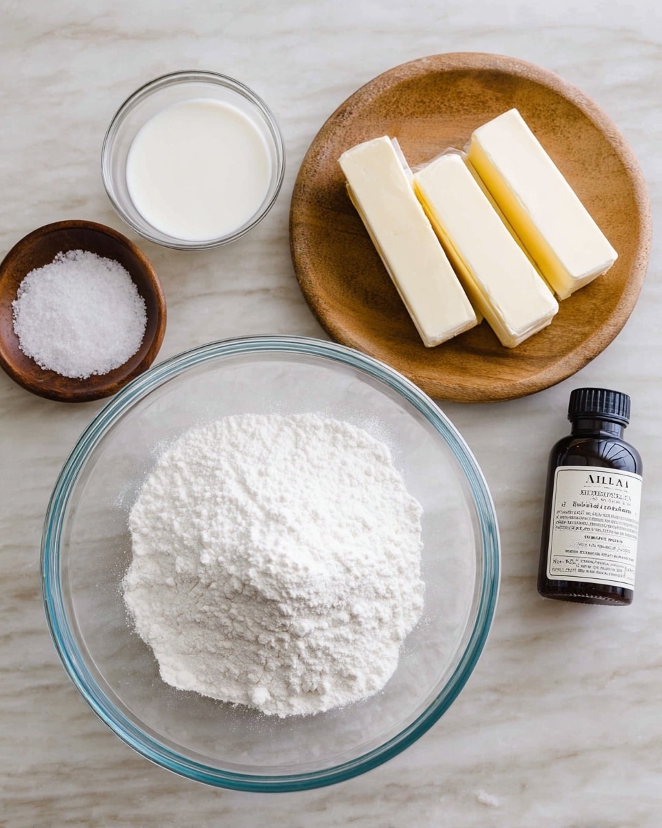 A large clear glass bowl filled with a mound of white powdered sugar sits on a white marbled surface, surrounded by three sticks of butter wrapped in paper and stacked beside it. To the left, there is a small clear glass bowl with white milk, a small round wooden bowl with salt, and a dark amber bottle of vanilla extract with a white label. All items are arranged neatly on the white marbled surface, creating a clean and organized baking setup. photo taken with an iphone --ar 4:5 --v 7