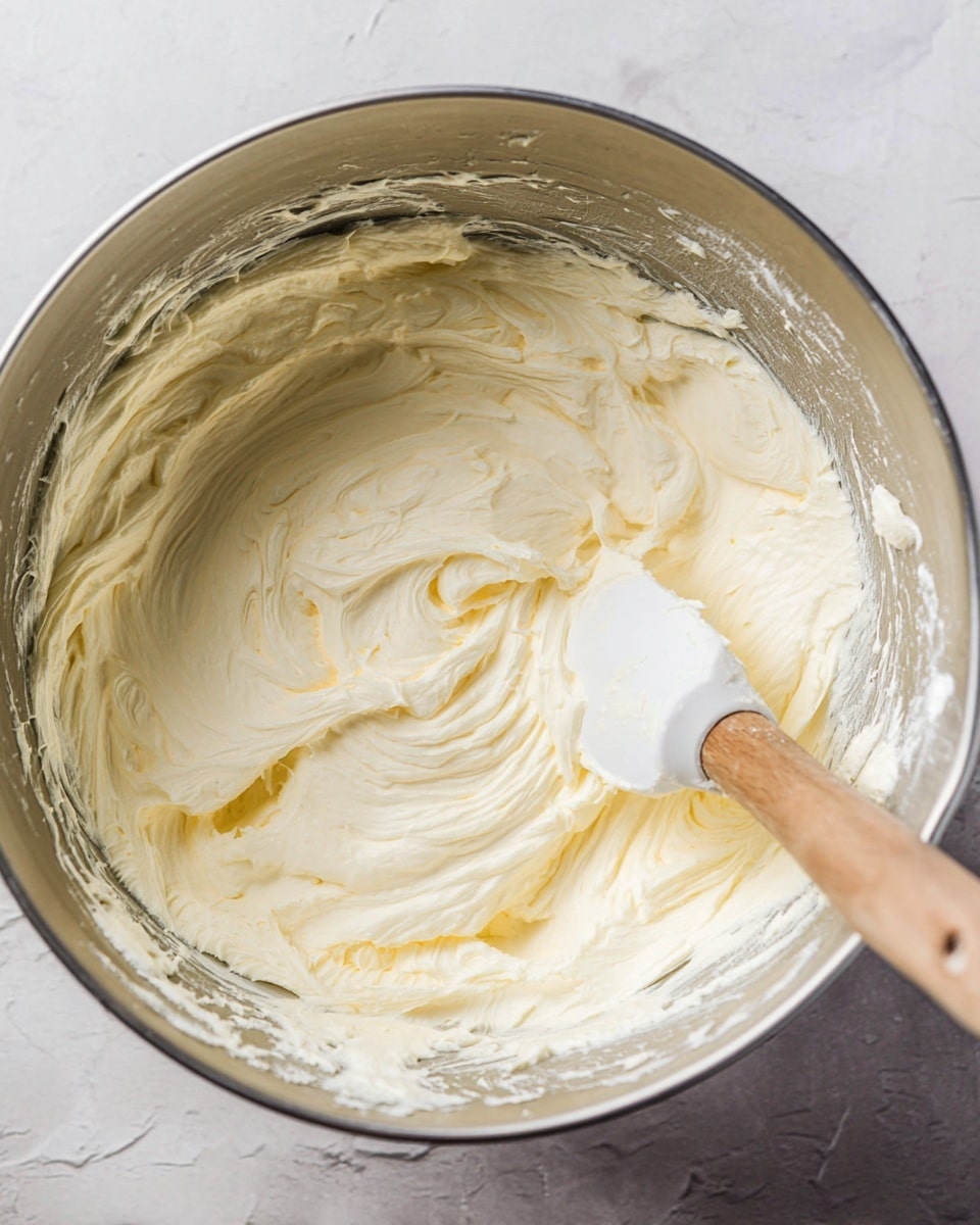 A close-up view of a large silver metal bowl filled with a smooth mixture of light cream color, whipped to a soft and fluffy texture. A wooden-handled spatula with a white silicone tip rests on the right edge of the bowl, slightly coated with the creamy mixture. The inside walls of the bowl have traces of the mixture clinging to them, showing the mixing process. The bowl sits on a surface with a white marbled texture photo taken with an iphone --ar 4:5 --v 7
