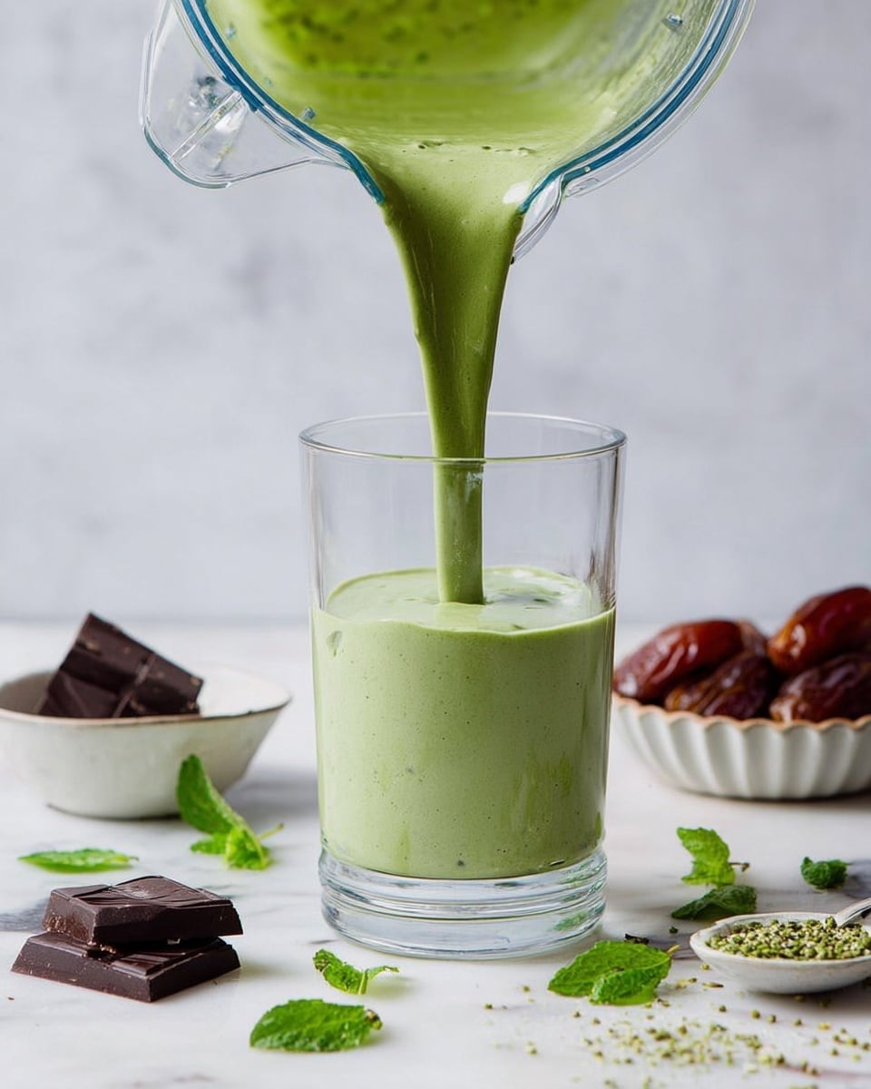 A clear glass is being filled with a thick, light green smoothie pouring in a steady stream from a blender container above. The smoothie fills the glass about one-third full, with a smooth and creamy texture. Around the glass, on a white marbled surface, there are small pieces of dark chocolate, fresh green mint leaves, and scattered hemp seeds. To the left, there is a small white bowl with dark chocolate pieces and mint, and to the right, a white scalloped bowl with reddish-brown dates. The background is soft white marbled, creating a clean and fresh look. photo taken with an iphone --ar 4:5 --v 7