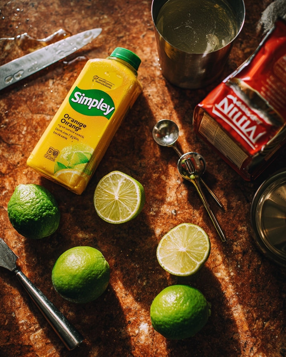 The image shows a close-up of a cluttered kitchen counter with various items for making a drink. There are three bright green limes, one whole, one halved showing juicy light green flesh, and one partially peeled. A yellow rectangular bottle of Simply Orange juice with a green label stands near the center. A red and white dark brown container with text is on the right side. Two metal measuring spoons and a metal cup or shaker shine under the light. The surface is a brown granite-like texture with some water drops and marks. A woman's hand holding a knife is visible near the limes. photo taken with an iphone --ar 4:5 --v 7