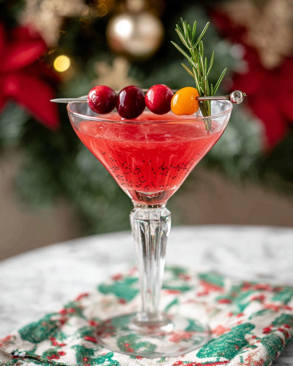 A clear glass cocktail glass with a long stem holds a bright red drink filled almost to the top, showing small dark specks throughout the liquid. Resting across the rim is a skewer with three fresh red cranberries and two small orange pieces spaced between them, along with a small sprig of green rosemary standing upright in the glass near the skewer. The background shows a blurred decorated Christmas tree, while the drink sits on a surface with a white marbled texture and a partially visible green and red holiday print cloth beneath. photo taken with an iphone --ar 4:5 --v 7