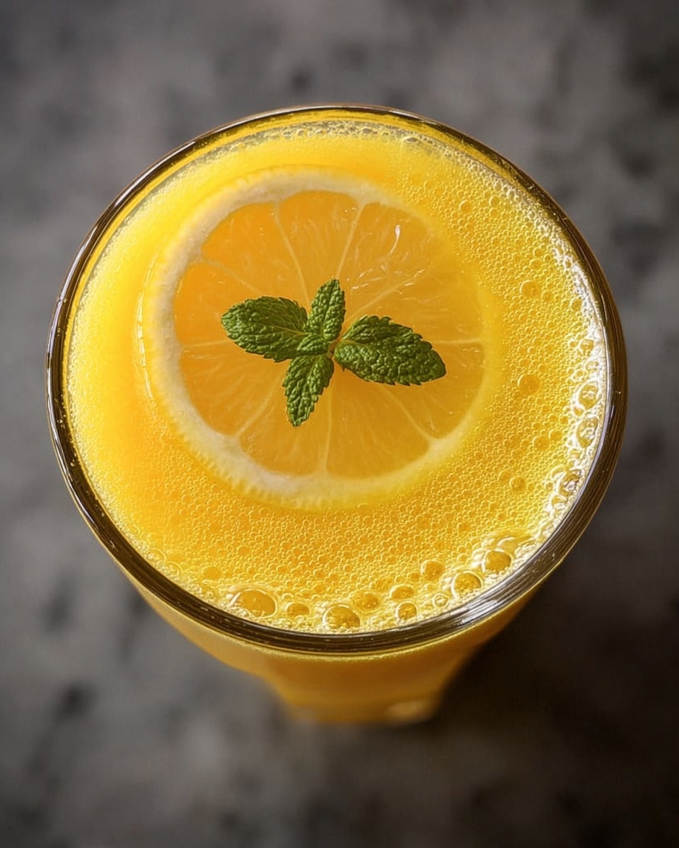 A clear glass filled with bright yellow-orange juice is shown from above. The juice has small bubbles around the edges near the top of the glass. Floating on the surface is a thin, round slice of lemon with two small green mint leaves in the center. The glass is set on a white marbled surface. photo taken with an iphone --ar 4:5 --v 7