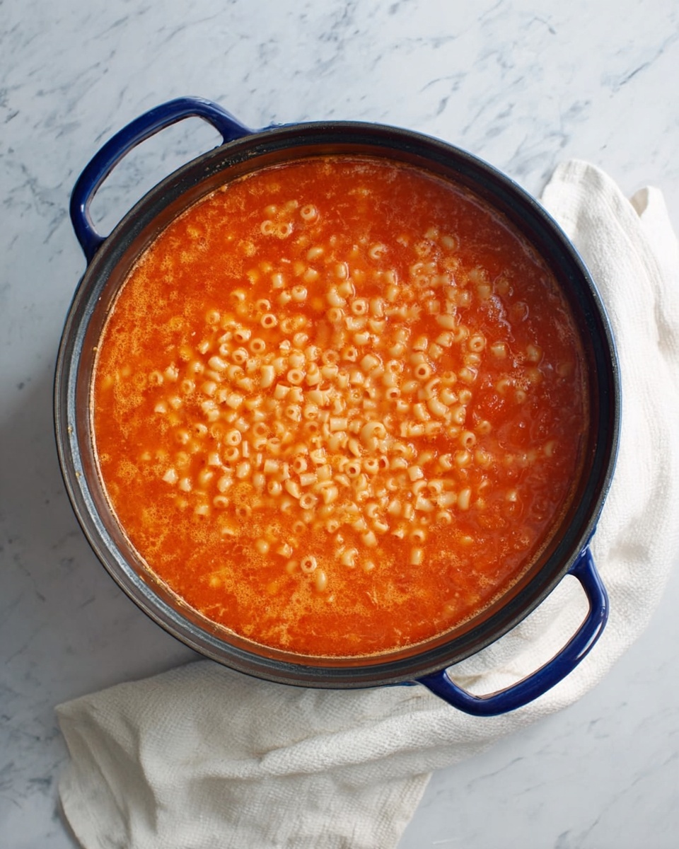 A black pot with blue handles is filled with a thick tomato soup base that has small white pasta pieces floating evenly throughout, creating a dense, uniform layer of pasta and bright orange-red broth. The pot is placed on a white marbled surface, with a white cloth softly folded near its base, and the photo taken from above showing the full surface of the soup. photo taken with an iphone --ar 4:5 --v 7