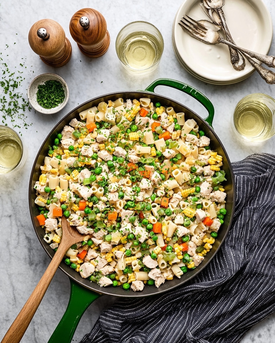 A black pan with a green handle filled with a mixture of small diced white chicken pieces, pale yellow small tube pasta, bright green peas and green beans, orange carrot cubes, yellow corn kernels, and light green celery pieces, all mixed together and topped with chopped green herbs; a wooden spoon resting inside the pan. The pan is on a white marbled surface with two clear glasses of white wine, a small white bowl of chopped herbs, two wooden salt and pepper grinders, a dark striped cloth with silver forks on it, and a couple of white plates stacked next to the pan. Photo taken with an iphone --ar 4:5 --v 7
