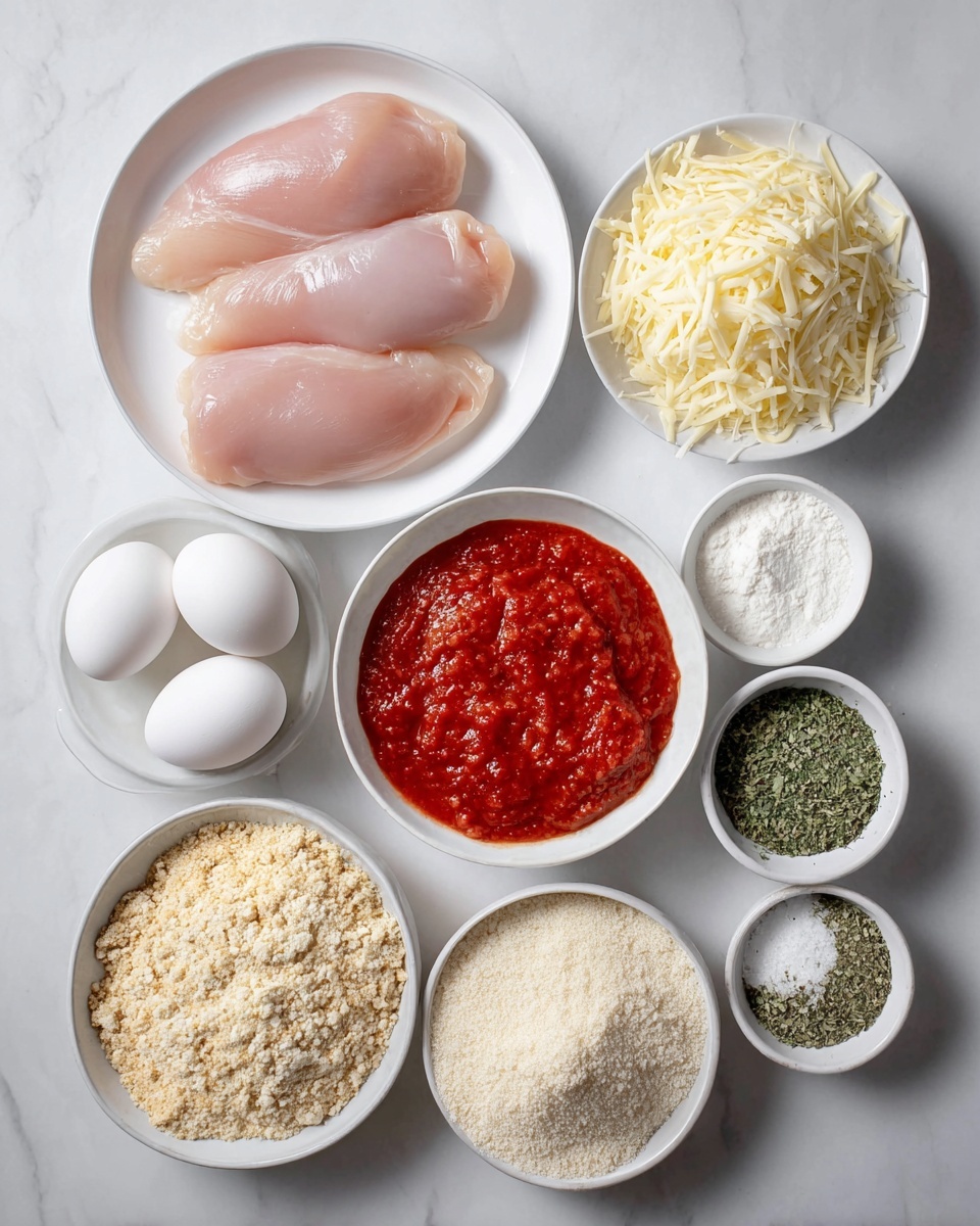 The image shows six white bowls and plates arranged on a white marbled surface, each holding separate ingredients. One white plate holds three raw pink chicken breasts, while three white eggs rest above it. A white bowl with shredded pale yellow cheese sits below the chicken. Next to the cheese is a white bowl filled with bright red tomato sauce with a chunky texture. Above the sauce is a small white bowl containing a white powder, likely flour. The last white bowl holds a mix of several layers: a large portion of light brown breadcrumbs, small piles of dried green herbs, finely grated white cheese, and a little bit of white salt, all neatly divided into sections. Photo taken with an iphone --ar 4:5 --v 7