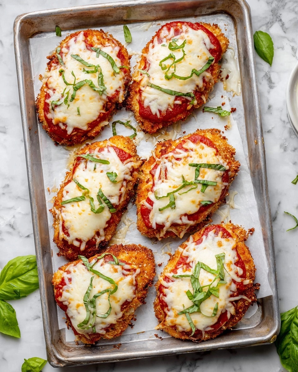 Six pieces of chicken parmesan are arranged on a silver metal tray lined with parchment paper. Each piece has a base layer of golden breaded chicken, topped with a bright red layer of tomato sauce, then covered with a thick, melted white cheese layer that is slightly browned at the edges. Small green basil leaves are sprinkled on top of each piece, adding a fresh pop of color. The tray is set on a white marbled surface with scattered basil leaves around it. photo taken with an iphone --ar 4:5 --v 7
