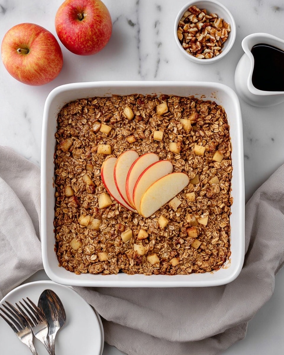 A square white baking dish filled with a baked oatmeal mixture that has a rough, crumbly texture and is speckled with small chunks of apples and nuts throughout. The top layer is golden brown and uneven, showing pieces of cooked oats and diced apples mixed in. On the very center of the dish, there are four thinly sliced apple pieces fanned out neatly, adding a fresh, light contrast to the baked surface. The white marbled background is decorated with two whole red apples at the top left, a small white bowl of chopped nuts at the top right, and a white pitcher with dark liquid at the bottom left, alongside a white plate with silver forks at the bottom right. A light gray cloth is draped beneath the baking dish. photo taken with an iphone --ar 4:5 --v 7