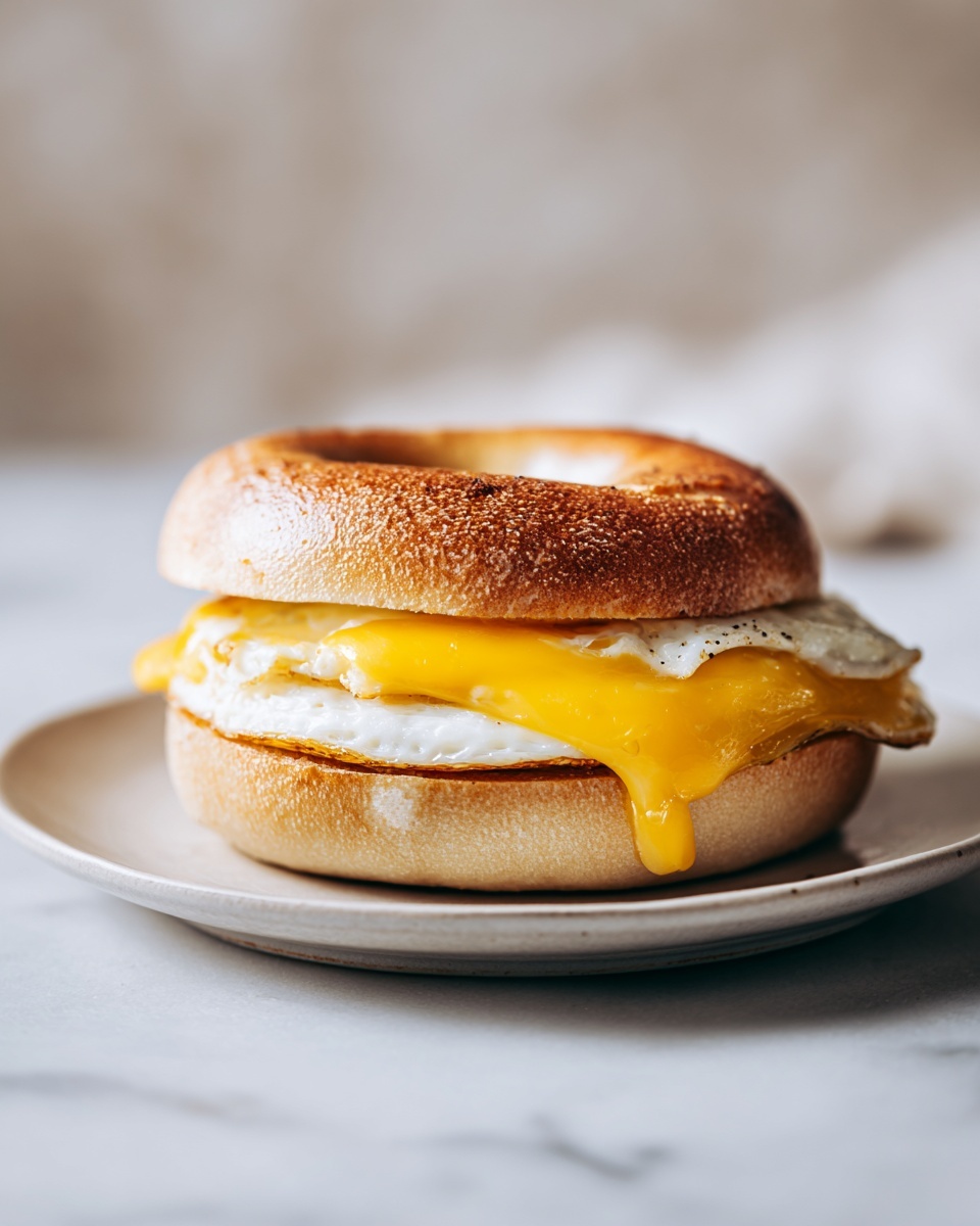 A sandwich with three layers is shown on a white plate on a white marbled surface. The bottom layer is a soft, round bagel with a light brown toasted crust. On top of the bagel is a layer of bright yellow melted cheese, slightly dripping over the edge. Above the cheese is a white fried egg with some lightly browned edges, and the top layer is the other half of the bagel, toasted to a deeper golden brown color. The background is softly blurred with a neutral, light color. Photo taken with an iphone --ar 4:5 --v 7