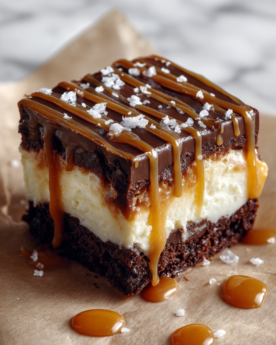 A square, three-layer dessert with a bottom and top layer of dark, rich brownie that looks soft and thick with a slightly cracked surface, a thick middle layer of light cream-colored cheesecake with a smooth texture, topped with alternating thin lines of shiny dark chocolate and golden caramel drizzled over the top and sides, small white sea salt flakes scattered on top, all placed on a piece of parchment paper with extra caramel drops around it, on a white marbled surface photo taken with an iphone --ar 4:5 --v 7