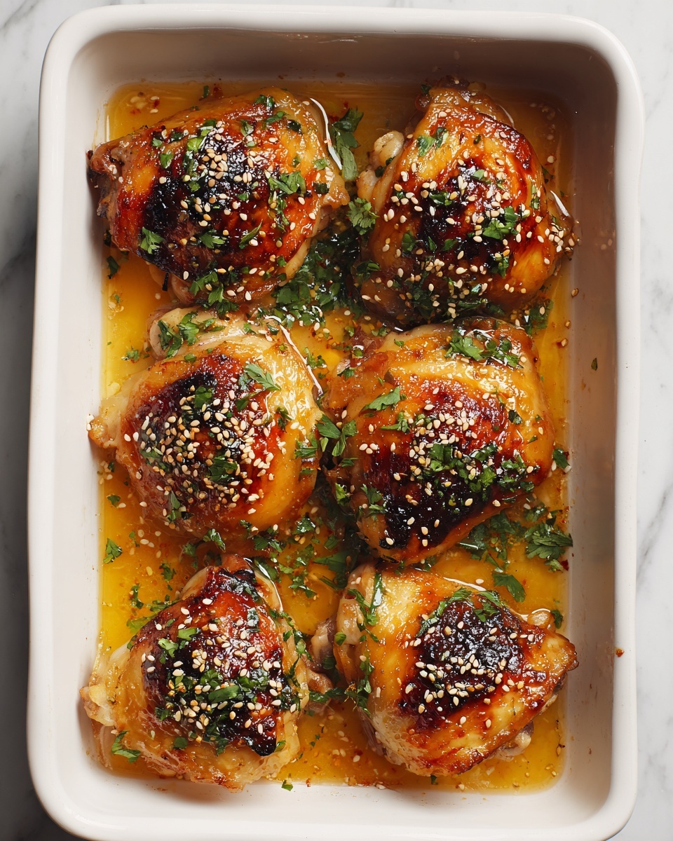 The image shows six golden brown cooked chicken thighs arranged in a white rectangular baking dish. The chicken skin is shiny with glaze and has some charred spots giving a slightly crispy texture. The thighs are sprinkled with white sesame seeds and finely chopped green herbs, likely parsley, which add a fresh touch. A light orange sauce or glaze pools around the chicken at the bottom of the dish. The dish is set on a white marbled surface. Photo taken with an iphone --ar 4:5 --v 7