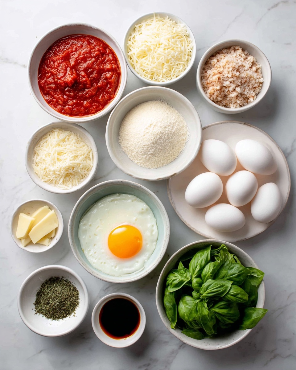 The image shows multiple white bowls and one white plate arranged on a white marbled surface, each holding different ingredients. There are two bowls filled with red tomato sauce, one bowl with grated white cheese, another with small pale beige crumbs, one containing a fresh sunny-side-up egg with a white base and bright yellow yolk, a bowl with fresh green basil leaves, and a bowl with dried green herbs. A small white dish holds dark brown liquid, and another white bowl has a few slices of pale white cheese. There is also a white plate holding four whole white eggs, and a small glass container with a yellow liquid, likely olive oil. The arrangement is neat and clean, showing different textures and colors clearly. photo taken with an iphone --ar 4:5 --v 7