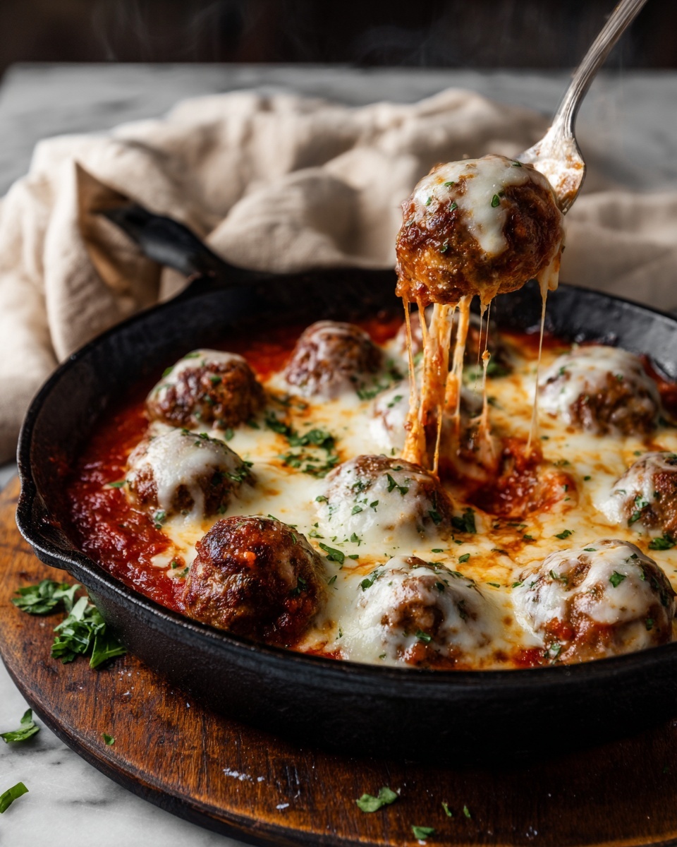 A black cast iron pan holds about ten round meatballs covered in melted white cheese with a golden brown top, all resting in a thick red tomato sauce. The cheese stretches as a spoon lifts one meatball, with green herb bits sprinkled over the top. The pan sits on a dark wooden board with some green herbs around it, and a soft beige cloth in the blurred white marbled background. photo taken with an iphone --ar 4:5 --v 7