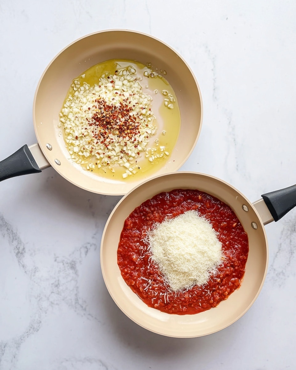 Two beige pans with black handles sit on a white marbled surface. The left pan shows a layer of yellow oil spread thinly on the bottom, topped with small white onion pieces and minced garlic mixed with red chili flakes, centered in the pan. The right pan contains a thick red tomato sauce covering the base. In the middle, there is a mound of white cream and finely grated pale cheese on top of the sauce, slightly off-center. Both pans show a clean cooking space with no other items around. Photo taken with an iphone --ar 4:5 --v 7