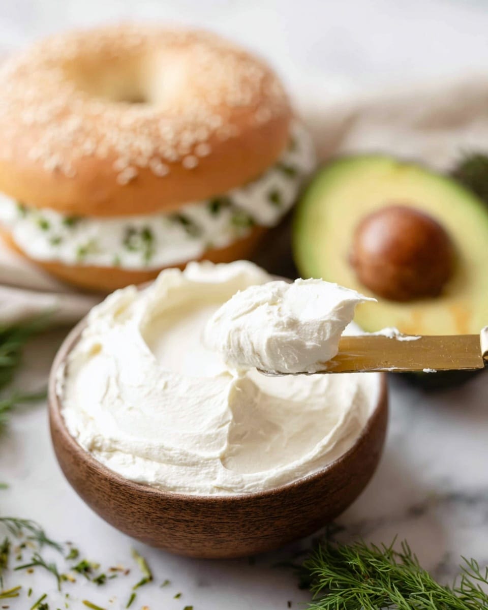 A close-up of a round bowl filled with thick, creamy white spread, with a wooden knife holding a dollop of the spread in the foreground. Behind the bowl, there is a white sesame seed bagel with a smooth, golden-brown crust. Next to the bagel, there is a layer of white spread sprinkled with green herbs. To the right, a halved avocado with a green outer skin and bright yellow-green flesh with a large brown seed sits on the white marbled surface. Sprigs of green dill are scattered around the setup. Photo taken with an iphone --ar 4:5 --v 7