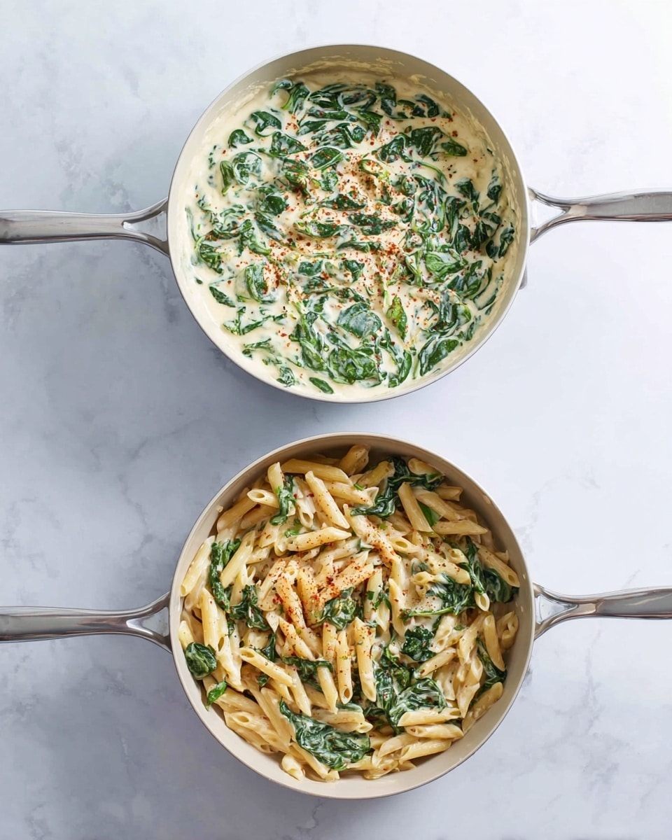 The image shows two white pans on a white marbled surface, each containing a creamy spinach dish at different stages. The left pan has one layer of creamy white sauce with green spinach leaves mixed in, sprinkled lightly with a reddish spice on top. The right pan has two layers: a base of creamy white sauce with spinach leaves and penne pasta mixed throughout, creating a mix of light beige pasta with dark green spinach coated in the sauce. The pans are clean with a smooth gray interior and silver handles. photo taken with an iphone --ar 4:5 --v 7