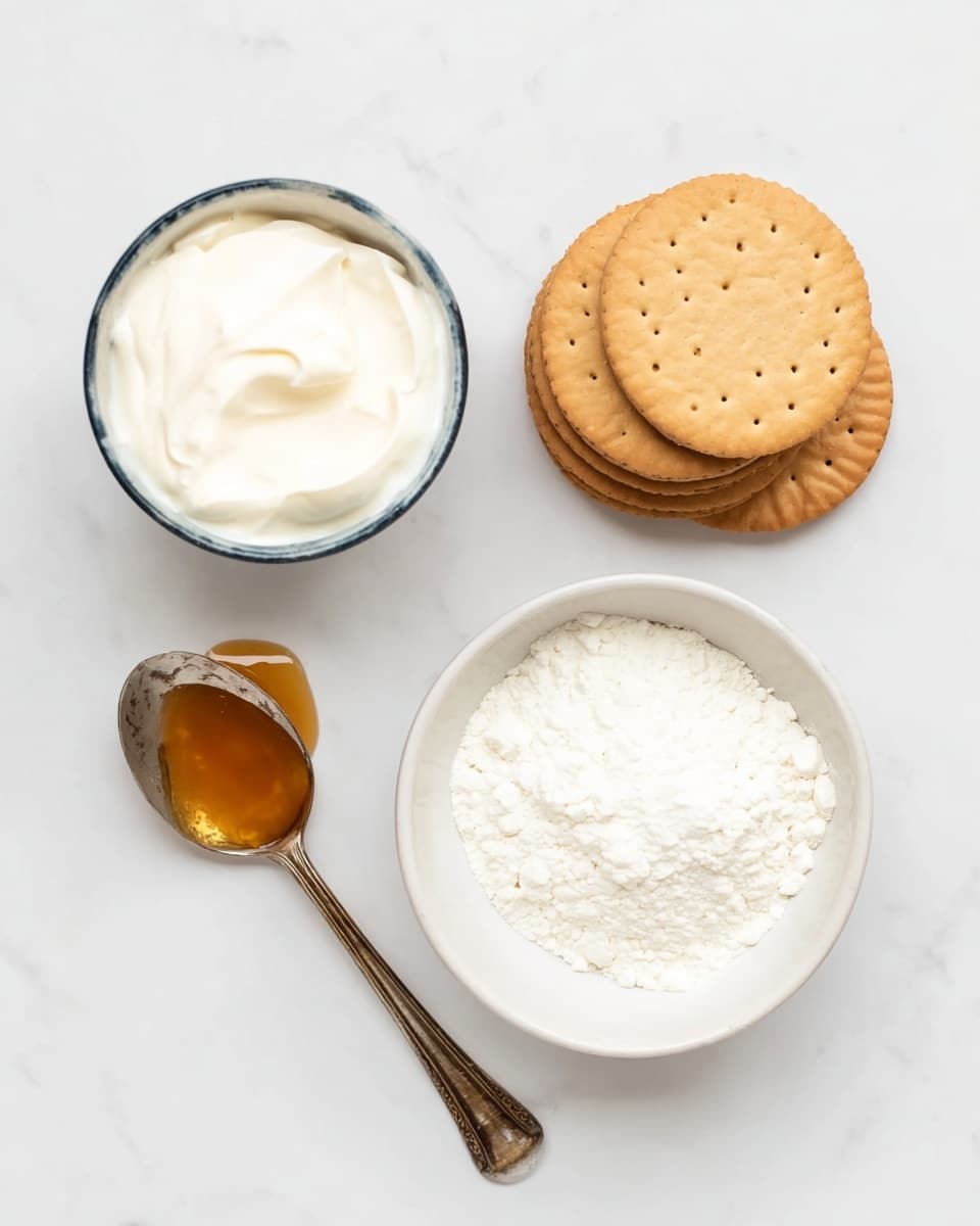 The image shows a white marbled surface with four main items arranged neatly. On the top right, there are four round light brown biscuits stacked slightly overlapping each other. Below the biscuits, on the right, is a white bowl filled with a white powdery substance. To the left of this bowl is another white bowl containing a smooth white creamy ingredient. Above this creamy bowl, slightly to the left, is a spoon with a small amount of amber-colored liquid in it. The spoon has a rustic look and rests at an angle on the surface. The overall scene is bright and clean. Photo taken with an iphone --ar 4:5 --v 7
