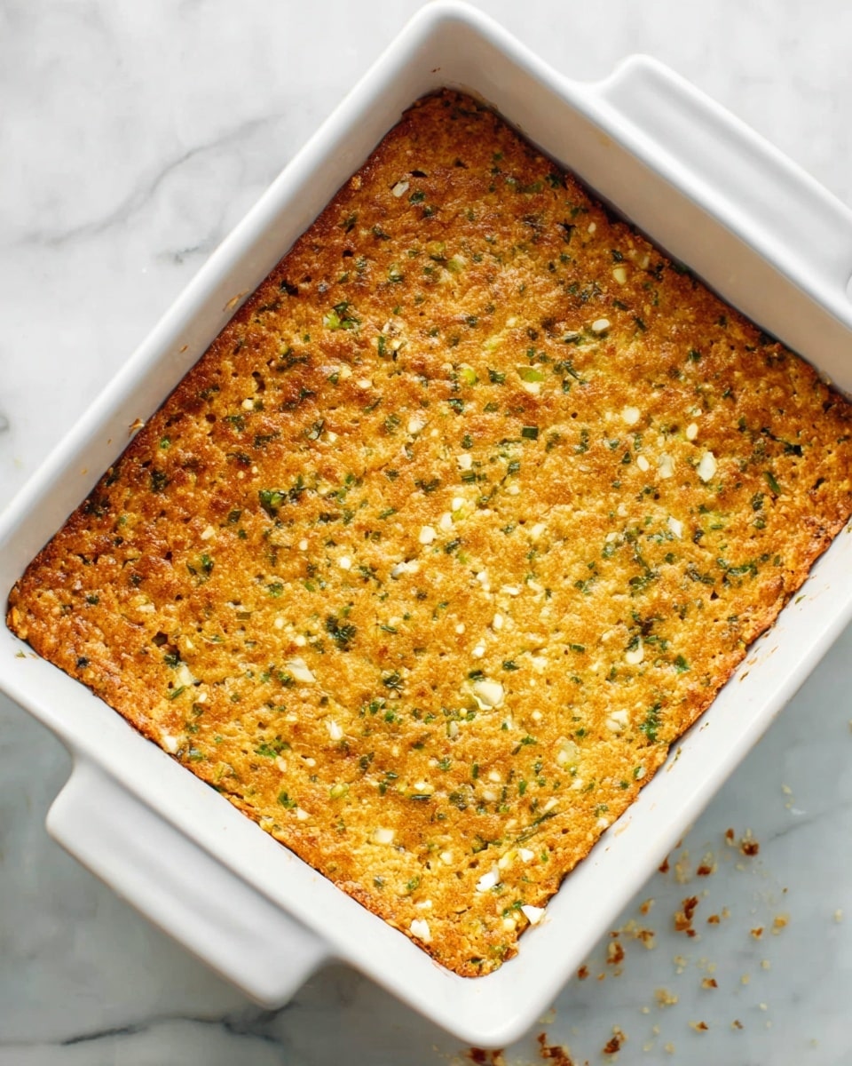 The image shows a white square baking dish filled with a single thick layer of a golden brown baked mixture. The top surface is evenly textured with small bits of green herbs and white pieces scattered throughout. The dish is placed on a white marbled surface with a few crumbs around the edges. The baked layer looks crispy on top with a slightly rough texture. Photo taken with an iphone --ar 4:5 --v 7
