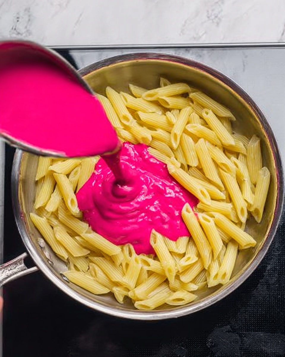 The image shows a shiny silver pan on a white marbled surface with penne pasta inside. A vibrant pink sauce is being poured over the pasta from a small pot held by a woman's hand, with the sauce contrasting strongly against the pale yellow pasta and reflective metal pan. The background is dark, making the colors and textures of the food stand out clearly. The photo taken with an iphone --ar 4:5 --v 7